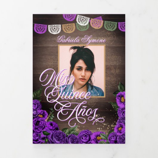 Invitation Trois Volets Rustique Charro Royal violet Rose Quinceañera (Page de couverture)