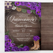 Invitation Trois Volets Rustique Charro Royal violet Rose Quinceañera (Intérieur en premier)