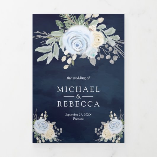 Invitation Trois Volets Rustique Dusty Blue et ivoire Floral Mariage (Page de couverture)