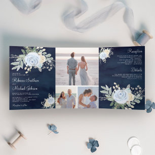 Invitation Trois Volets Rustique Dusty Blue et ivoire Floral Mariage