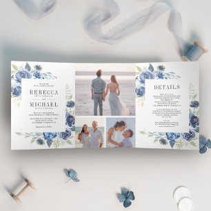 Invitation Trois Volets Rustique Dusty Blue Floral Photo Collage Mariage