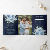 Invitation Trois Volets Rustique Dusty Blue Roses Photo Marine Blue Mariag (Intérieur)