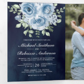 Invitation Trois Volets Rustique Dusty Blue Roses Photo Marine Blue Mariag (Intérieur en premier)