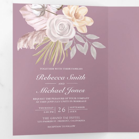 Invitation Trois Volets Rustique Dusty Mauve rose Floral QR Code Mariage (Intérieur en premier)