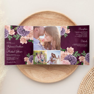 Invitation Trois Volets Rustique Dusty Peach Purple Floral Plum Mariage