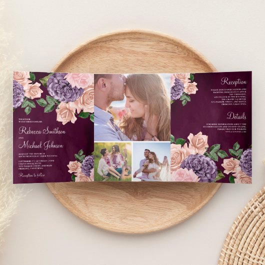 Invitation Trois Volets Rustique Dusty Peach Purple Floral Plum Mariage