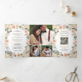 Invitation Trois Volets Rustique Dusty Pêche Florale Photo QR Code Mariage (Intérieur)