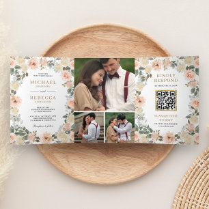 Invitation Trois Volets Rustique Dusty Pêche Florale Photo QR Code Mariage
