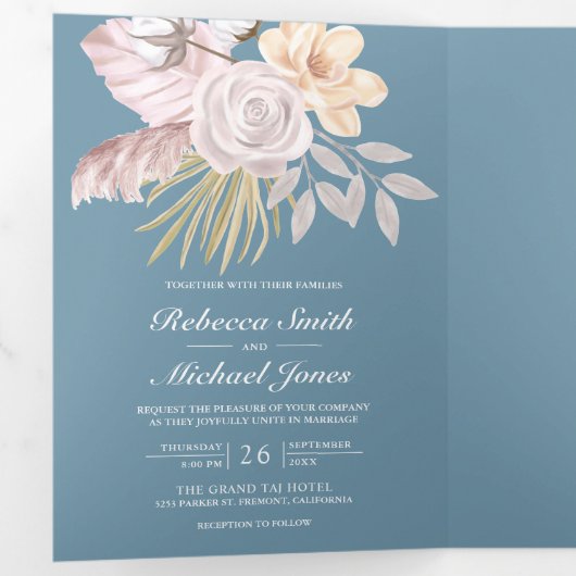 Invitation Trois Volets Rustique Dusty Rose rose Floral QR Code Mariage (Intérieur en premier)