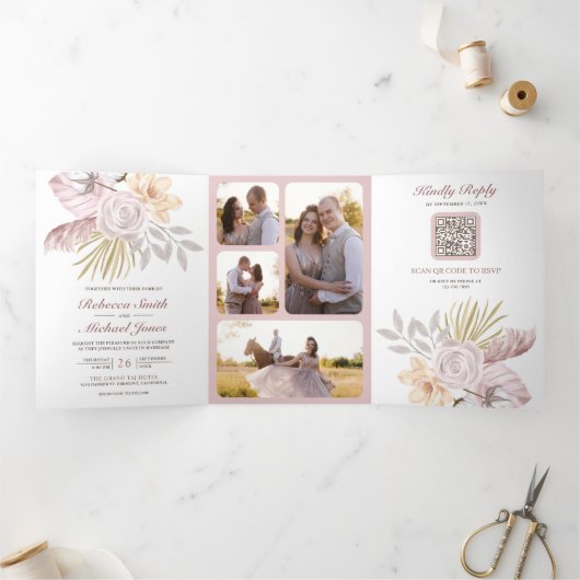 Invitation Trois Volets Rustique Dusty Rose rose Floral QR Code Mariage (Intérieur)