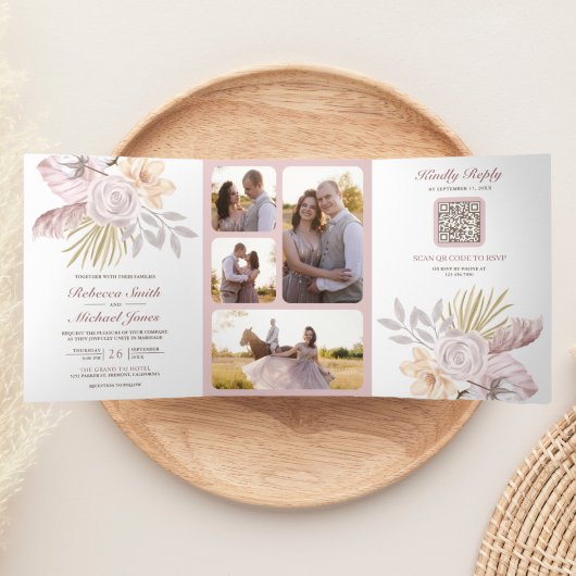 Invitation Trois Volets Rustique Dusty Rose rose Floral QR Code Mariage