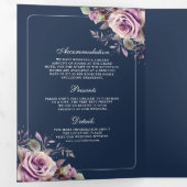 Invitation Trois Volets Rustique Dusty violet Floral Navy QR Code Mariage (Intérieur en premier)