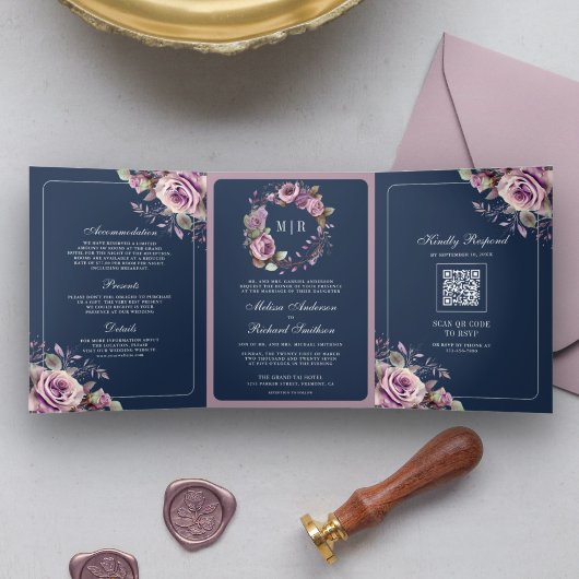 Invitation Trois Volets Rustique Dusty violet Floral Navy QR Code Mariage