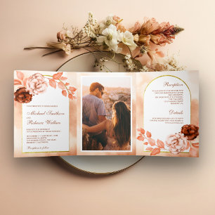 Invitation Trois Volets Rustique Earthy Aquarelle Floral Terracotta Mariag