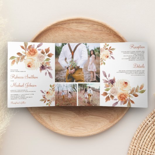 Invitation Trois Volets Rustique Earthy Dusty Peach Floral Mariage