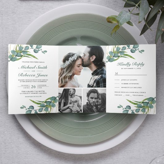 Invitation Trois Volets Rustique Eucalyptus Feuilles Photo Collage Mariage