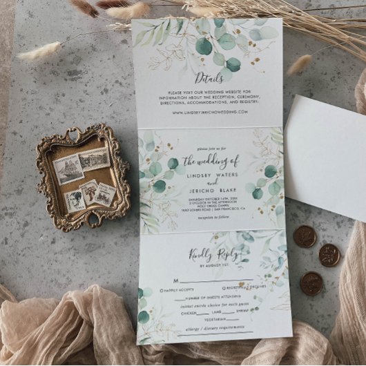 Invitation Trois Volets Rustique Eucalyptus Gold Floral