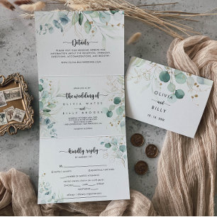 Invitation Trois Volets Rustique Eucalyptus Gold Floral Mariage de
