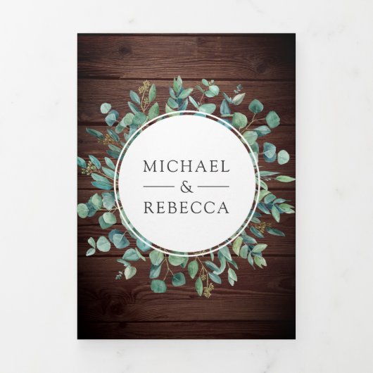 Invitation Trois Volets Rustique Eucalyptus Photo Grange Wood QR Code Mari (Page de couverture)