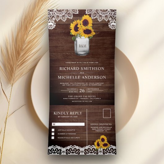Invitation Trois Volets Rustique Grange Bois Sunflowers Mason Jar Mariage