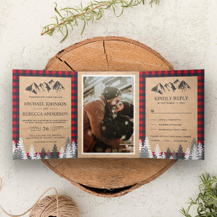 Invitation Trois Volets Rustique Kraft Red Buffalo Plaid Mountain Mariage