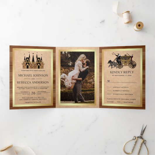 Invitation Trois Volets Rustique Kraft Wood Fairytale Castle Mariage Photo (Intérieur)