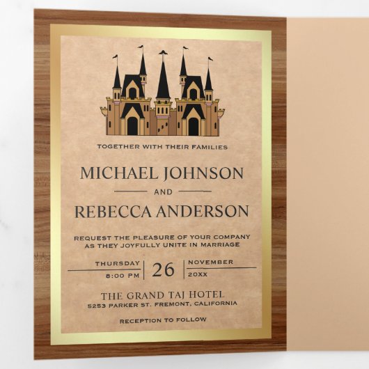 Invitation Trois Volets Rustique Kraft Wood Fairytale Castle Mariage Photo (Intérieur en premier)