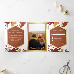 Invitation Trois Volets Rustique Orange Terracotta Feuilles Mariage de feu