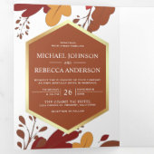 Invitation Trois Volets Rustique Orange Terracotta Feuilles Mariage de feu (Intérieur en premier)