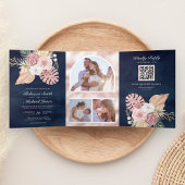 Invitation Trois Volets Rustique Palm Dusty rose Roses Marine QR Code Mari