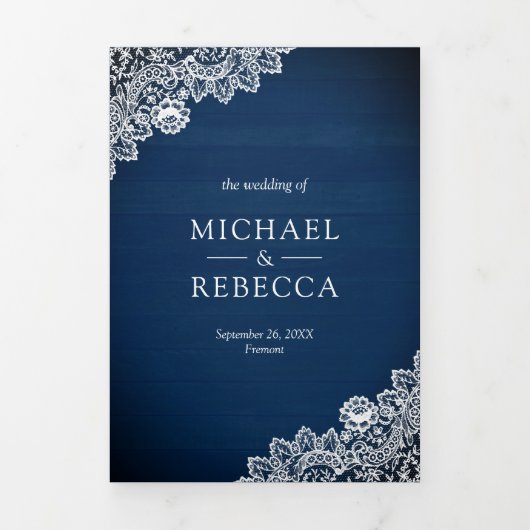 Invitation Trois Volets Rustique Pays Marine Blue Wood Lace Mariage Photo (Page de couverture)