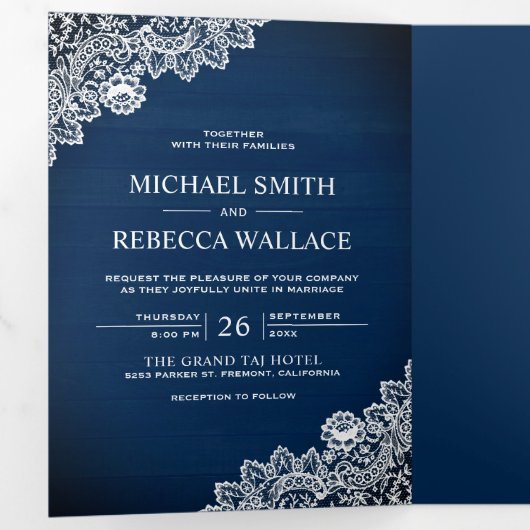 Invitation Trois Volets Rustique Pays Marine Blue Wood Lace Mariage Photo (Intérieur en premier)