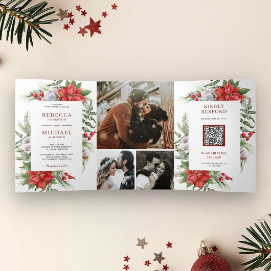 Invitation Trois Volets Rustique Poinsettia QR Code Mariage de Noël