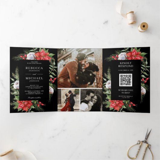 Invitation Trois Volets Rustique Poinsettia QR Code Noël Mariage noir (Intérieur)