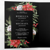 Invitation Trois Volets Rustique Poinsettia QR Code Noël Mariage noir (Intérieur en premier)