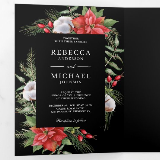 Invitation Trois Volets Rustique Poinsettia QR Code Noël Mariage noir (Intérieur en premier)