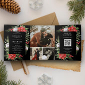 Invitation Trois Volets Rustique Poinsettia QR Code Noël Mariage noir