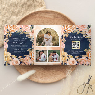 Invitation Trois Volets Rustique Terreux Floral Bleu Marine Code QR Mariag