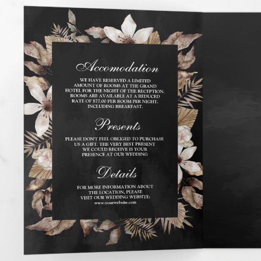 Invitation Trois Volets Rustique Tropical Séché Palm Feuille Mariage noir (Intérieur en premier)