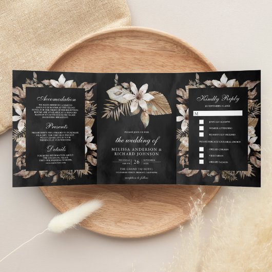 Invitation Trois Volets Rustique Tropical Séché Palm Feuille Mariage noir