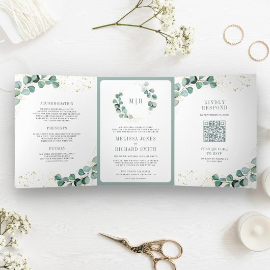Invitation Trois Volets Rustique Végétalité Or Eucalyptus Code QR Mariage