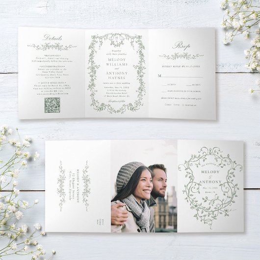 Invitation Trois Volets Sage Green Classic Français Victorien Floral Maria
