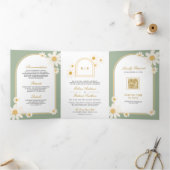 Invitation Trois Volets Sage Green Cream Jaune Daisée Tout en un Mariage (Intérieur)