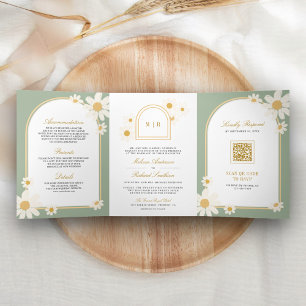 Invitation Trois Volets Sage Green Cream Jaune Daisée Tout en un Mariage