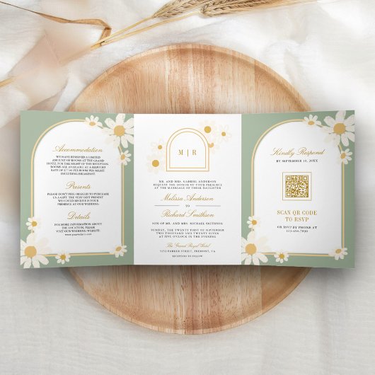Invitation Trois Volets Sage Green Cream Jaune Daisée Tout en un Mariage