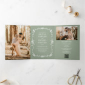 Invitation Trois Volets Sage Green French Victorian QR Code Photo Mariage (Intérieur)