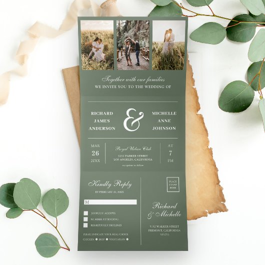 Invitation Trois Volets Sage Green Minimal 3 en 1 Photo Collage Mariage