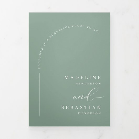 Invitation Trois Volets Sage Green Modern Boho Arch Photo QR Code Mariage (Page de couverture)