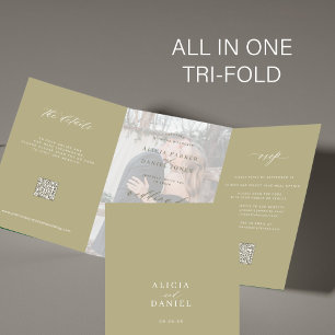 Invitation Trois Volets Sage green photo mariage RSVP détails QR code