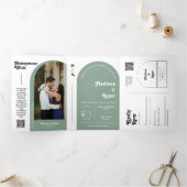 Invitation Trois Volets Sage Green Retro Boho Arch Photo QR Code Mariage (Intérieur)